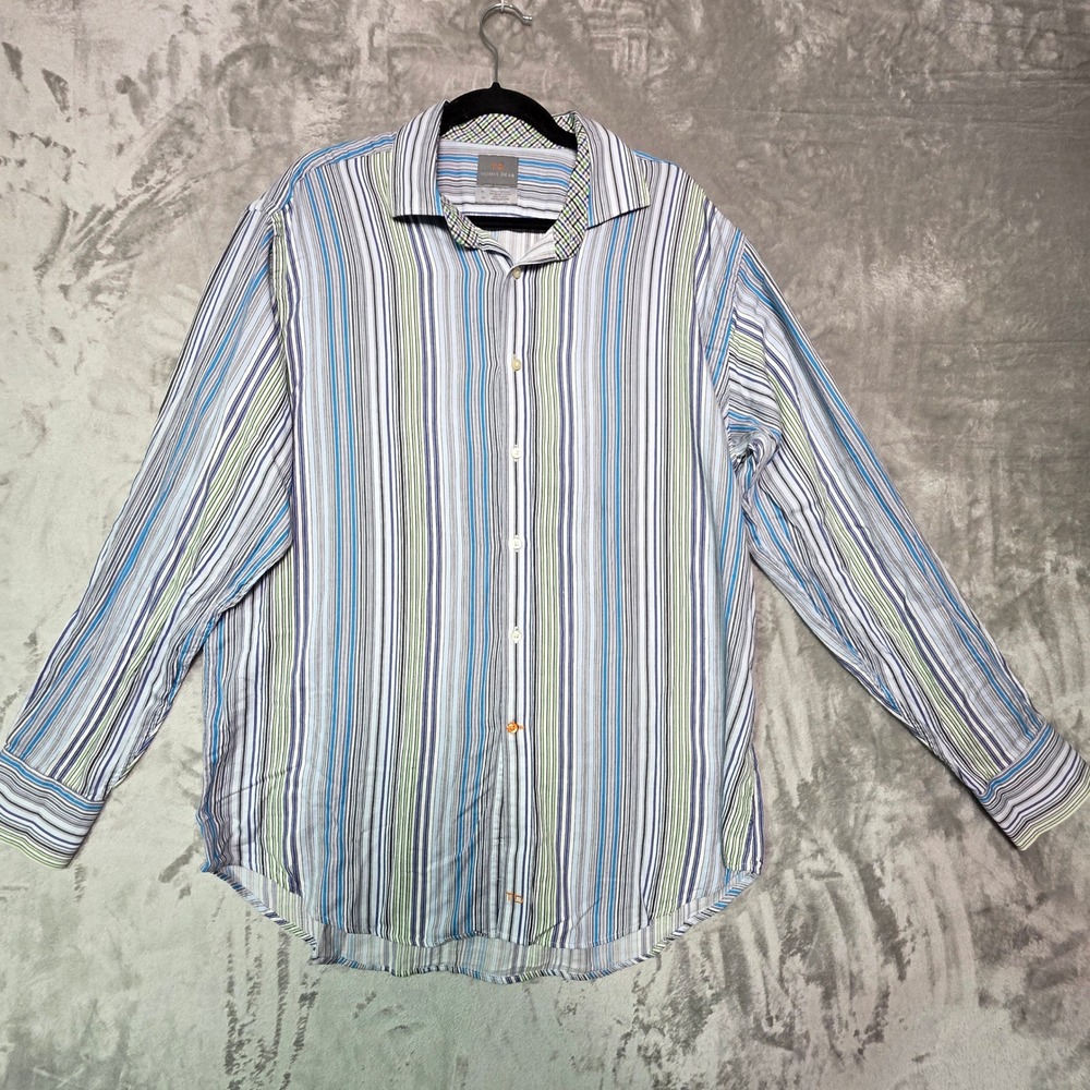 Thomas Dean Mens XL Long Sleeve Cotton Button Down Striped Shirt Blue Green